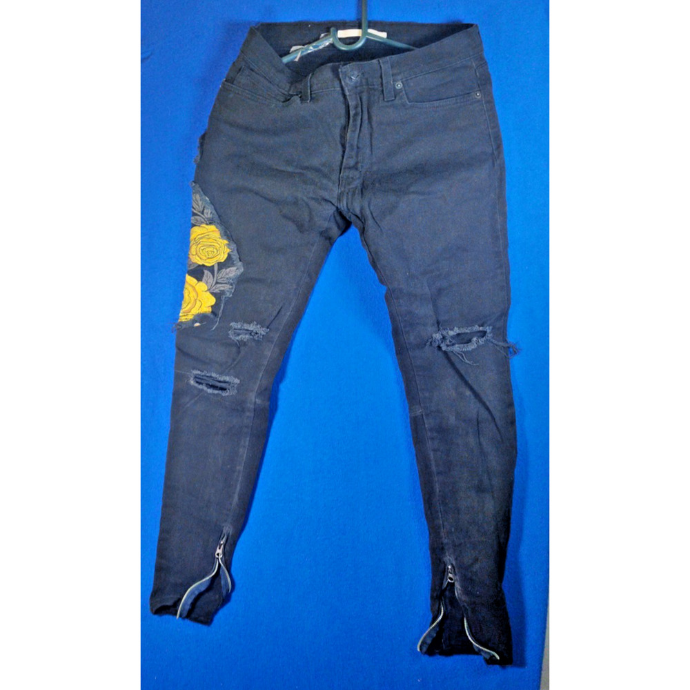 Golden Black Skinny Jeans Women Size 30 Yellow Floral Rose Embroidery Zipper